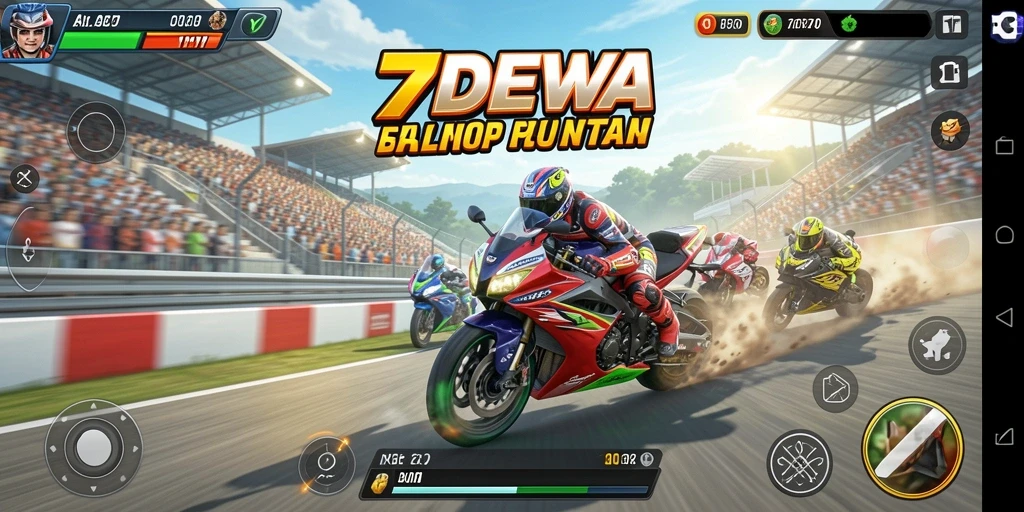 Tangkapan layar utama menunjukkan aksi balap motor yang seru dan mendebarkan.