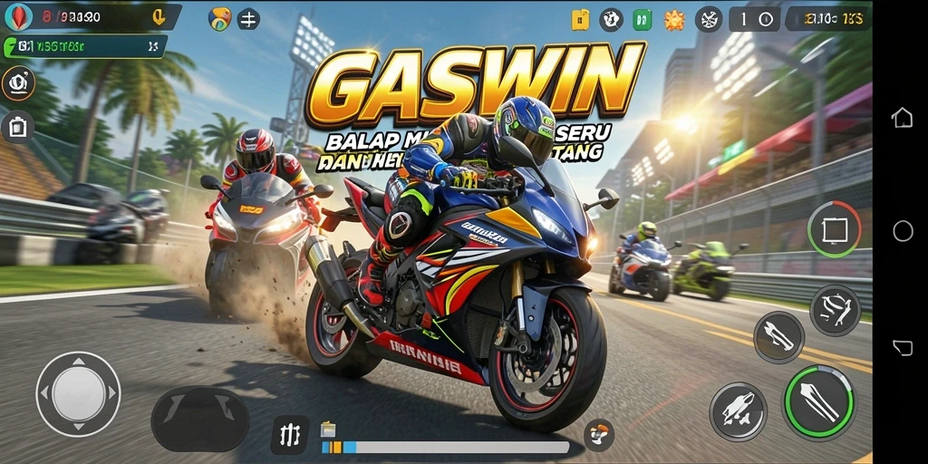 Tampilan utama GASWIN menampilkan balapan motor yang mendebarkan.