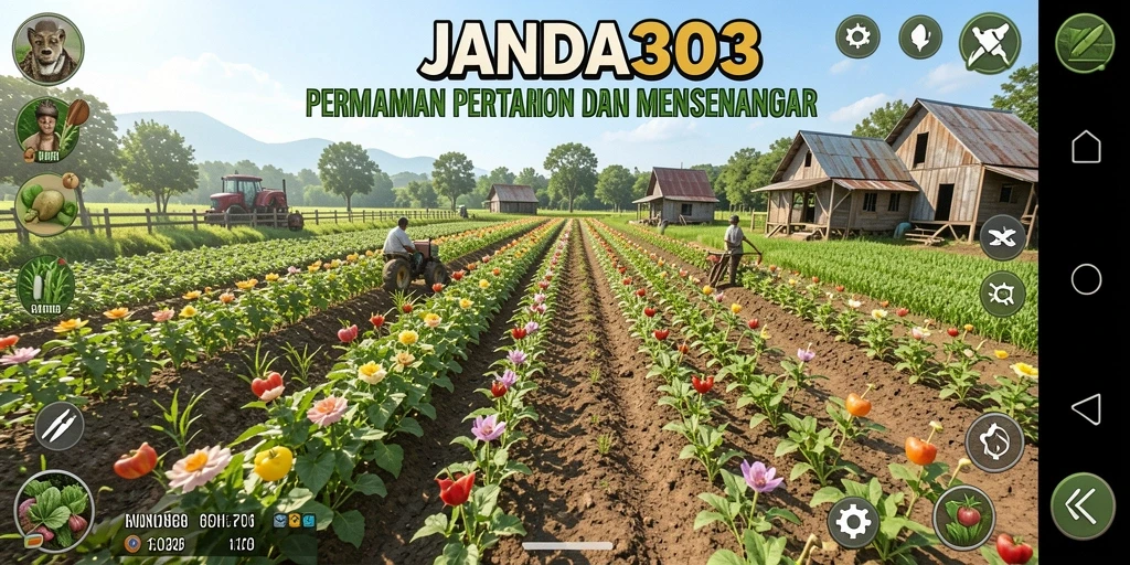 Tampilan gameplay JANDA303 saat bertani di ladang hijau.