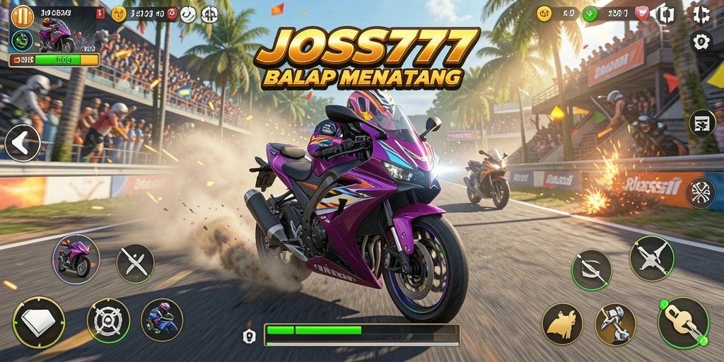 Tangkapan layar utama JOSS777 yang menampilkan aksi balap motor.