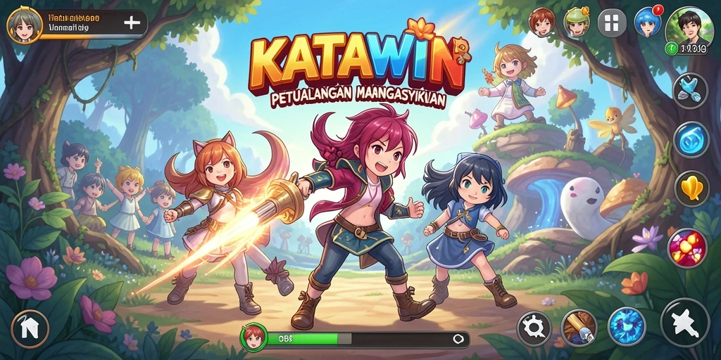 Gameplay KATAWIN menampilkan karakter anime beraksi di arena pertempuran.