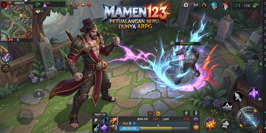 Screenshot MAMEN123 menampilkan pertarungan seru di dunia fantasi.