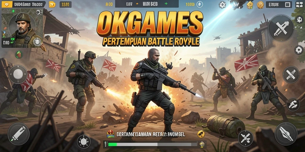Screenshot menunjukkan pertempuran seru dalam permainan OKGAMES Battle Royale.