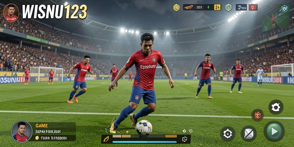 Tampilan gameplay WISNU123 dengan aksi sepak bola seru.